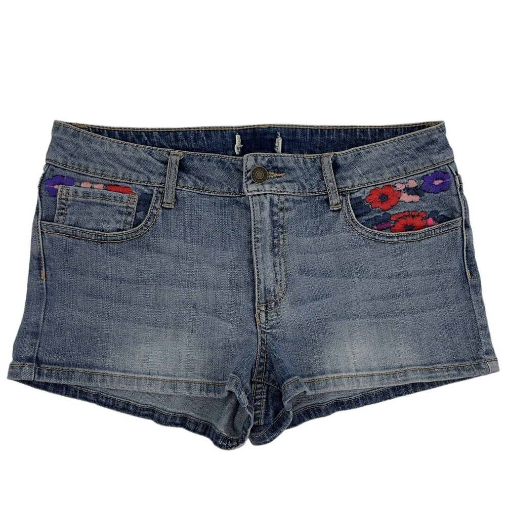 Forever 21 Womens Mid Rise Denim Blue Jean Shortie Shorts Floral Embroidered 0/2